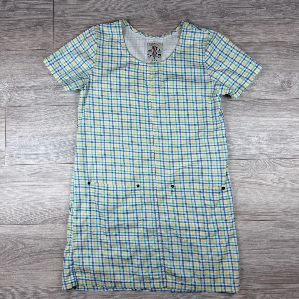 Studio 25 Womens Plaid Cotton Shift Dress Blue Green Yellow Short Sleeve Size S